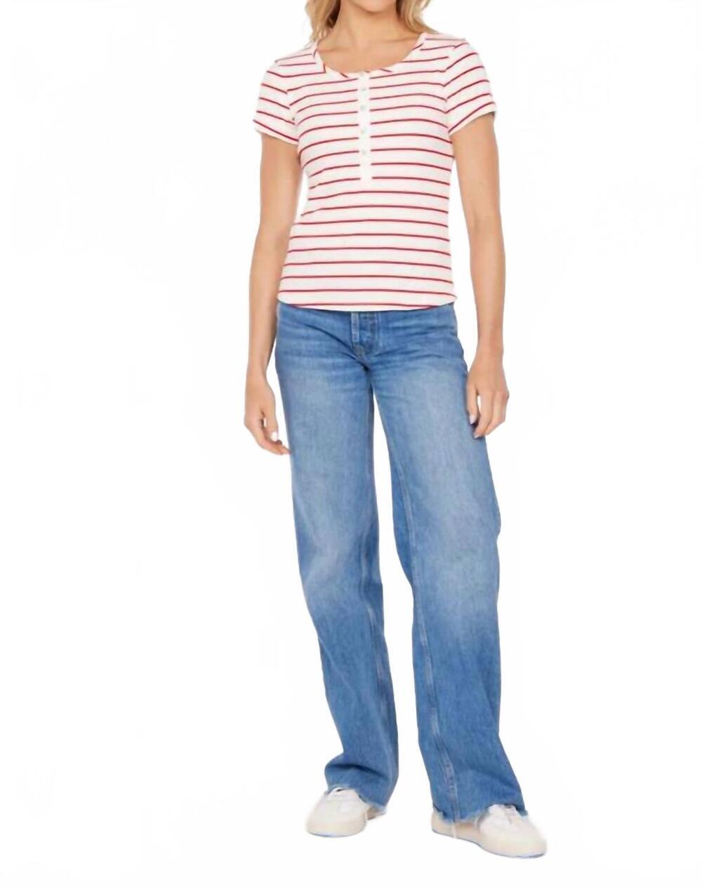 NEW MODODOC slim henley top in ivory & red stripe